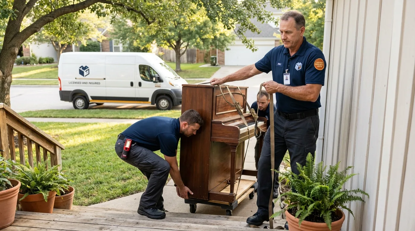 Licensed piano movers securing grand piano in Groton, SD