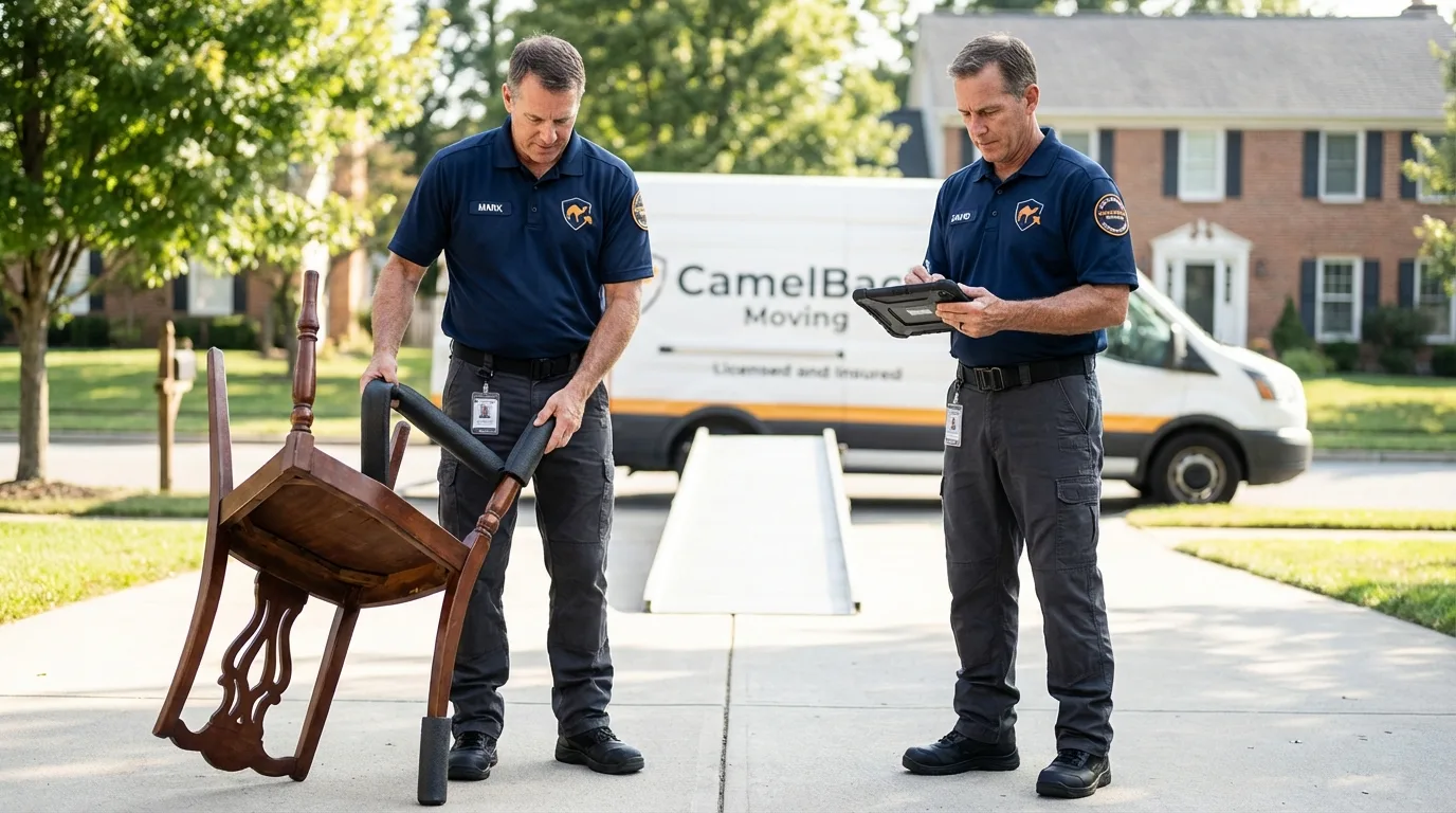 Movers inspecting furniture for damage prevention before loading in Groton, SD